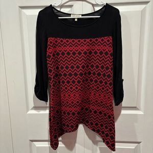 FAITH AND JOY Women’s Square Print Long Sleeve Tunic Top - red/black, size S